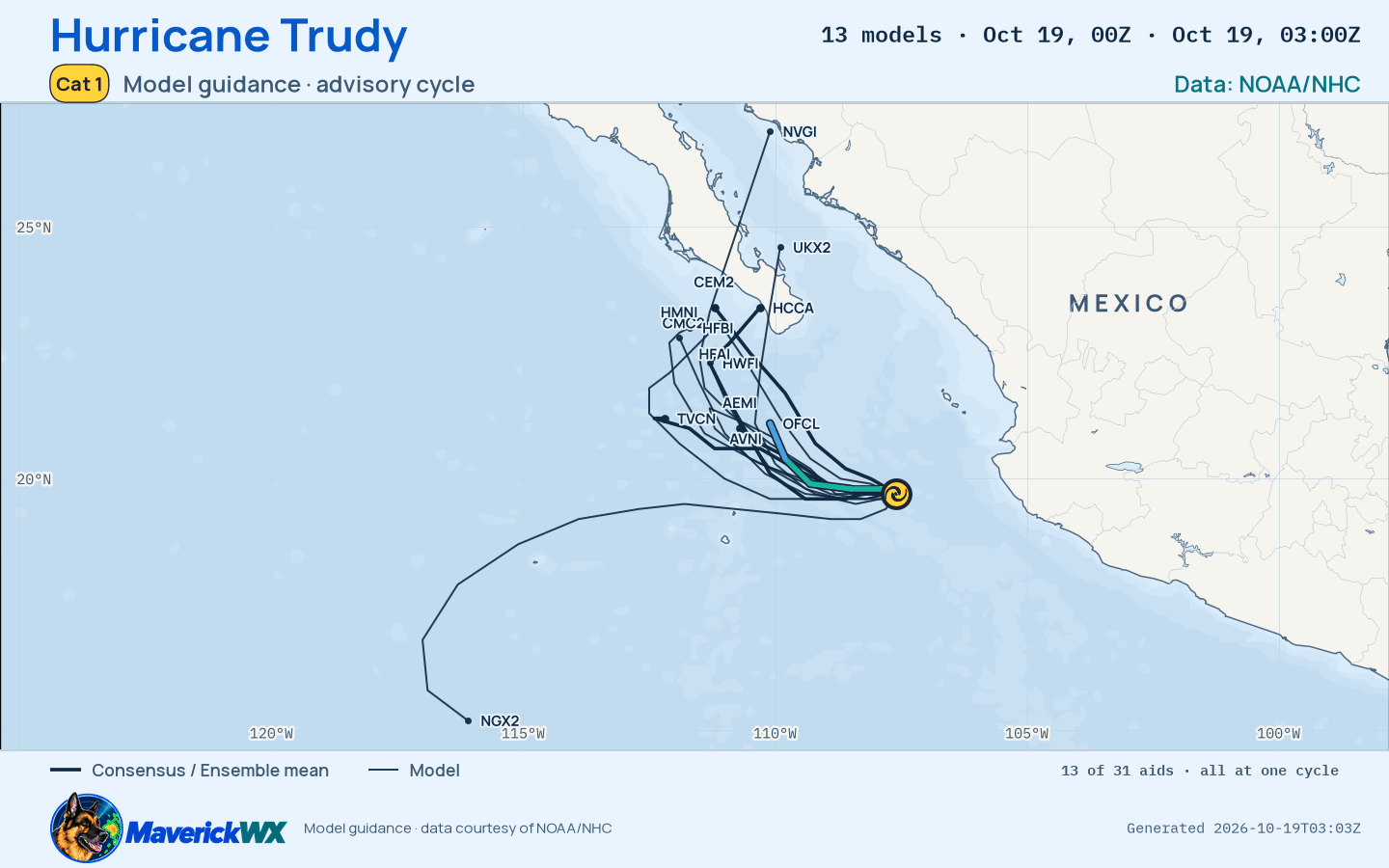 The models’ tracks, which are not a forecast for Category 1 Hurricane Trudy, NHC Advisory 23