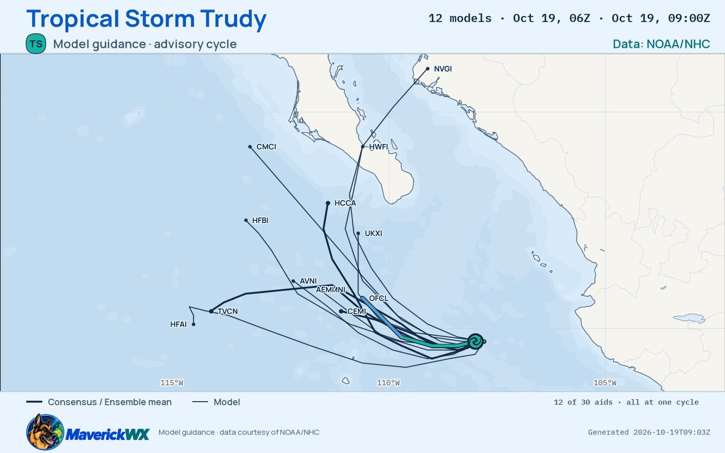 The models’ tracks, which are not a forecast for Tropical Storm Trudy, NHC Advisory 24