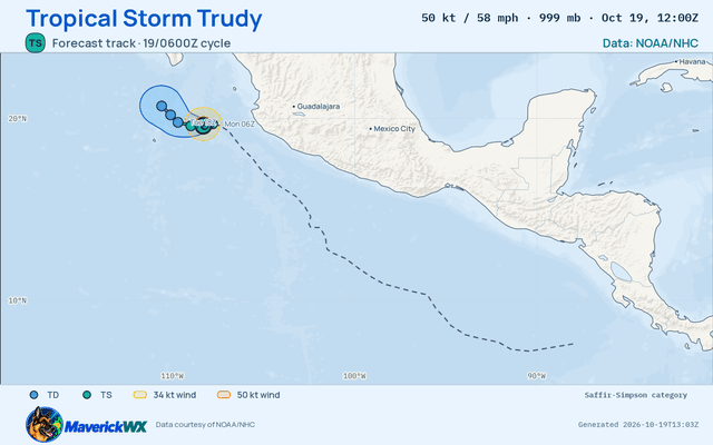 The official forecast track for Tropical Storm Trudy, NHC Best track