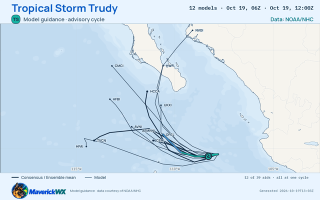 The models’ tracks, which are not a forecast for Tropical Storm Trudy, NHC Best track