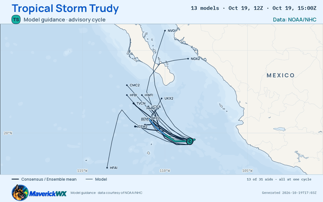 The models’ tracks, which are not a forecast for Tropical Storm Trudy, NHC Advisory 25