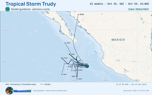 The models’ tracks, which are not a forecast for Tropical Storm Trudy, NHC Advisory 26