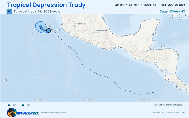 NHC forecast for Tropical Depression Trudy, Best track; rendered by MaverickWX