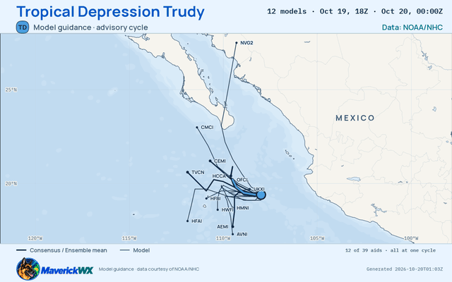The models’ tracks, which are not a forecast for Tropical Depression Trudy, NHC Best track