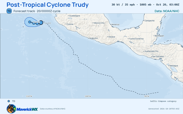NHC forecast for Post-Tropical Cyclone Trudy, Advisory 27; rendered by MaverickWX