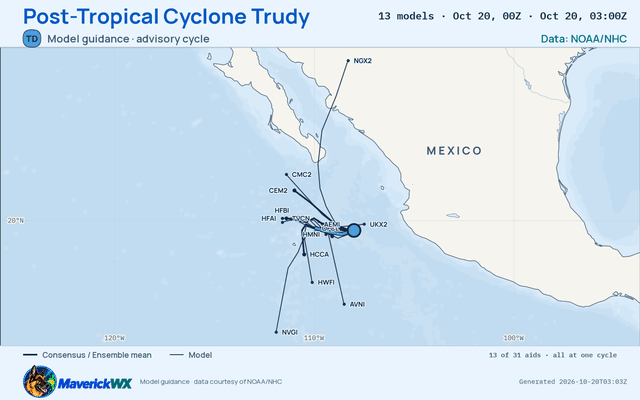 The models’ tracks, which are not a forecast for Post-Tropical Cyclone Trudy, NHC Advisory 27