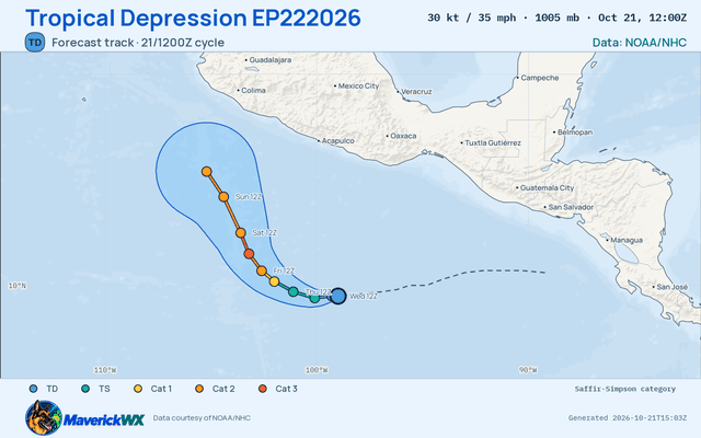 The official forecast track for Tropical Depression EP222026, NHC Best track