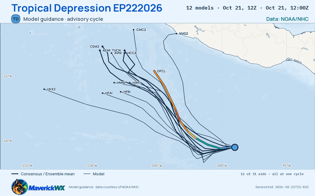 The models’ tracks, which are not a forecast for Tropical Depression EP222026, NHC Best track