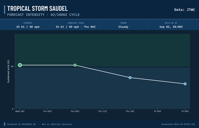 The official intensity forecast for Tropical Storm Saudel, JTWC Warning 46