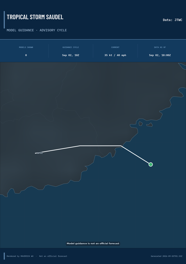 The models’ tracks, which are not a forecast for Tropical Storm Saudel, JTWC Warning 46