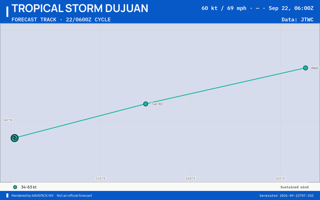 The official forecast track for Tropical Storm Dujuan, JTWC Warning 28