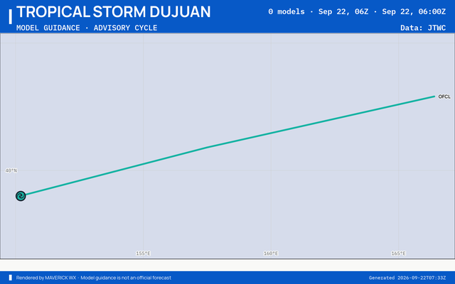 The models’ tracks, which are not a forecast for Tropical Storm Dujuan, JTWC Warning 28