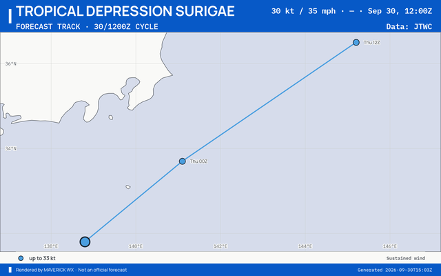 The official forecast track for Tropical Depression Surigae, JTWC Warning 30