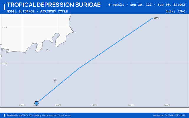 The models’ tracks, which are not a forecast for Tropical Depression Surigae, JTWC Warning 30