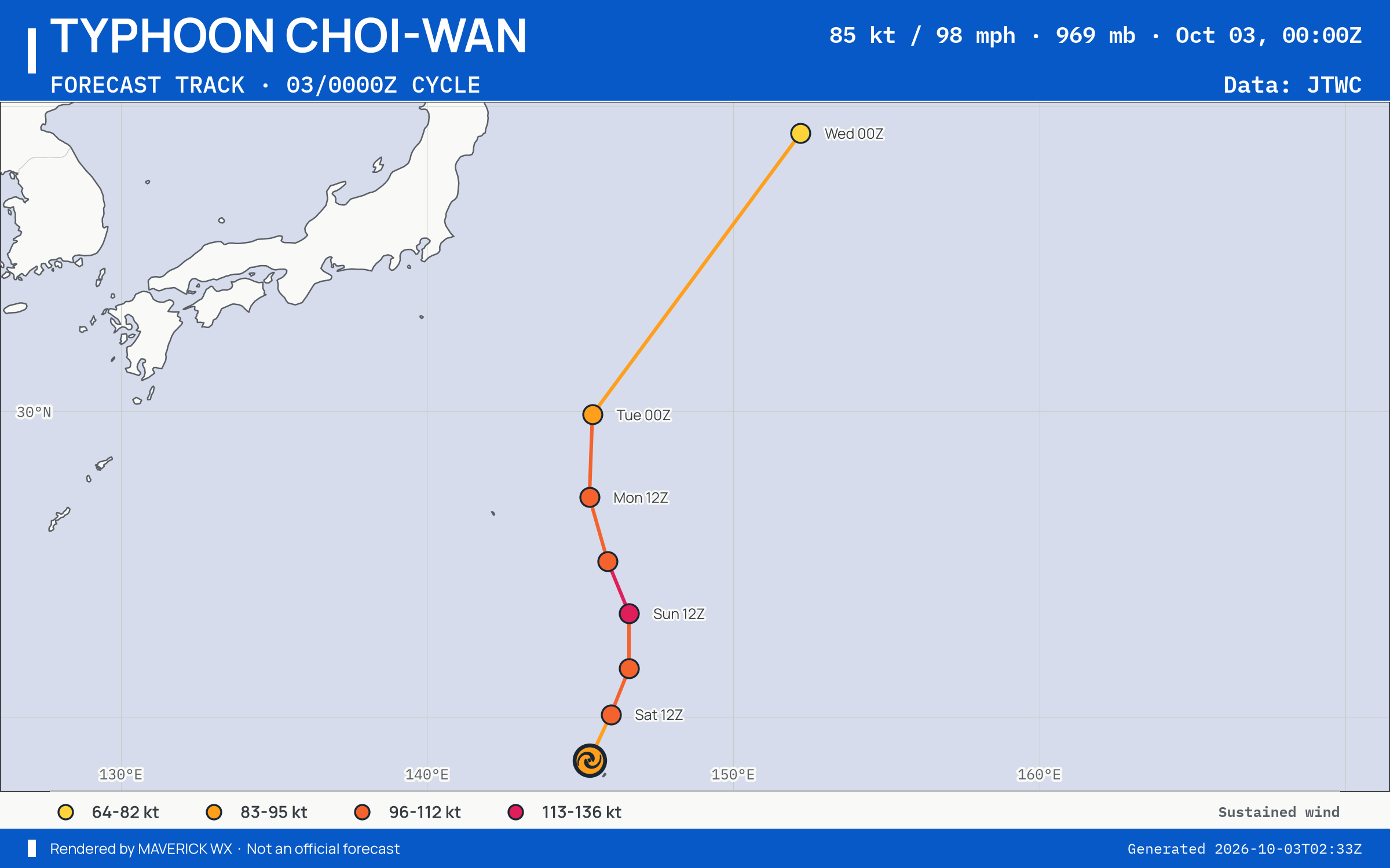 The official forecast track for Typhoon Choi-Wan, JTWC Warning 13