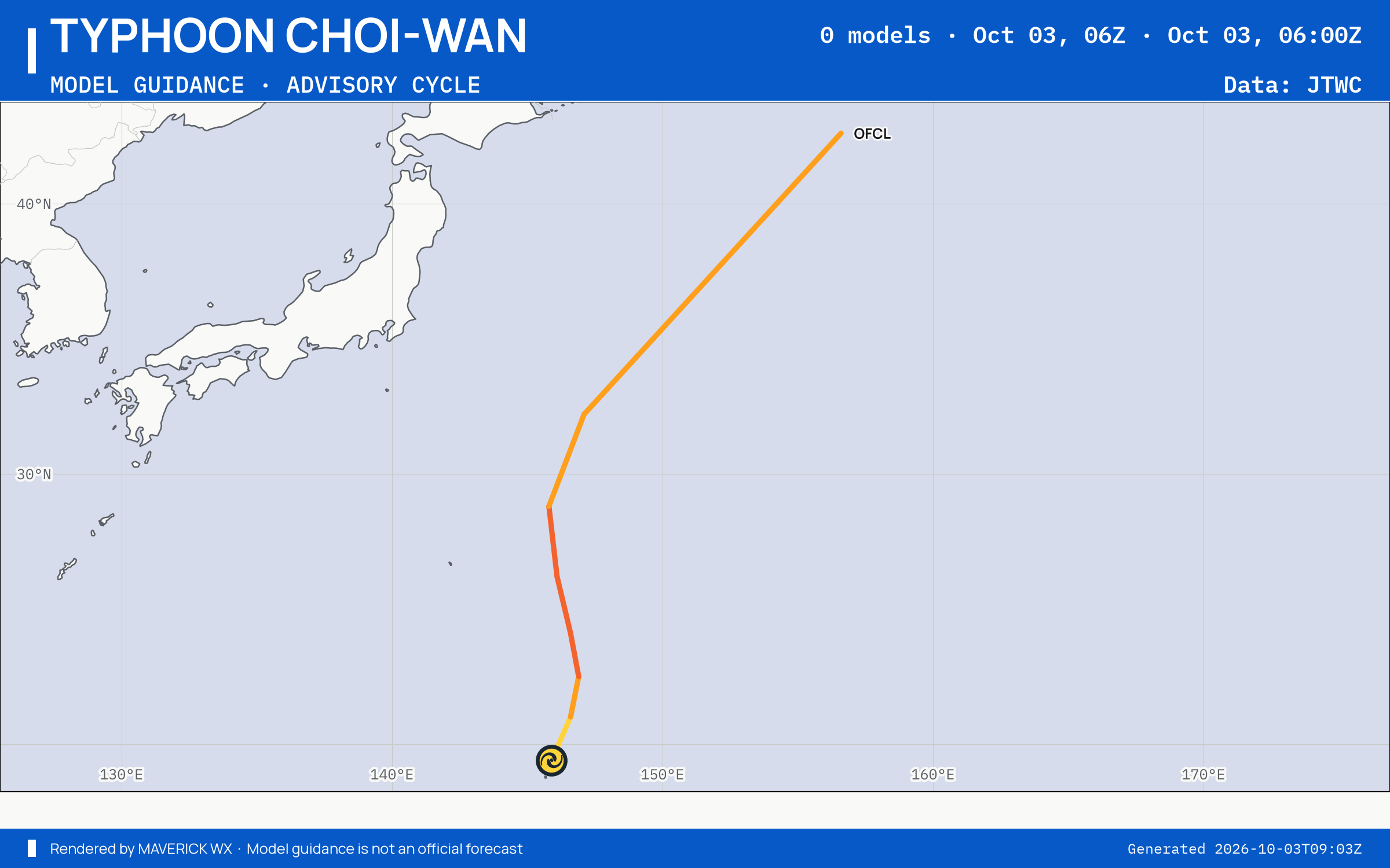 The models’ tracks, which are not a forecast for Typhoon Choi-Wan, JTWC Warning 14