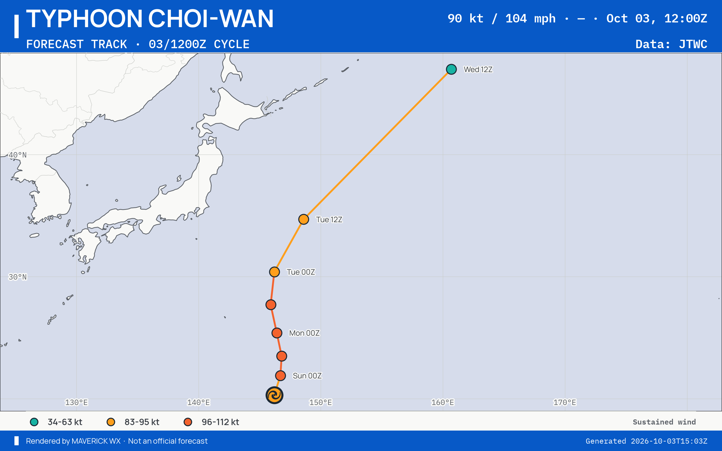 The official forecast track for Typhoon Choi-Wan, JTWC Warning 15