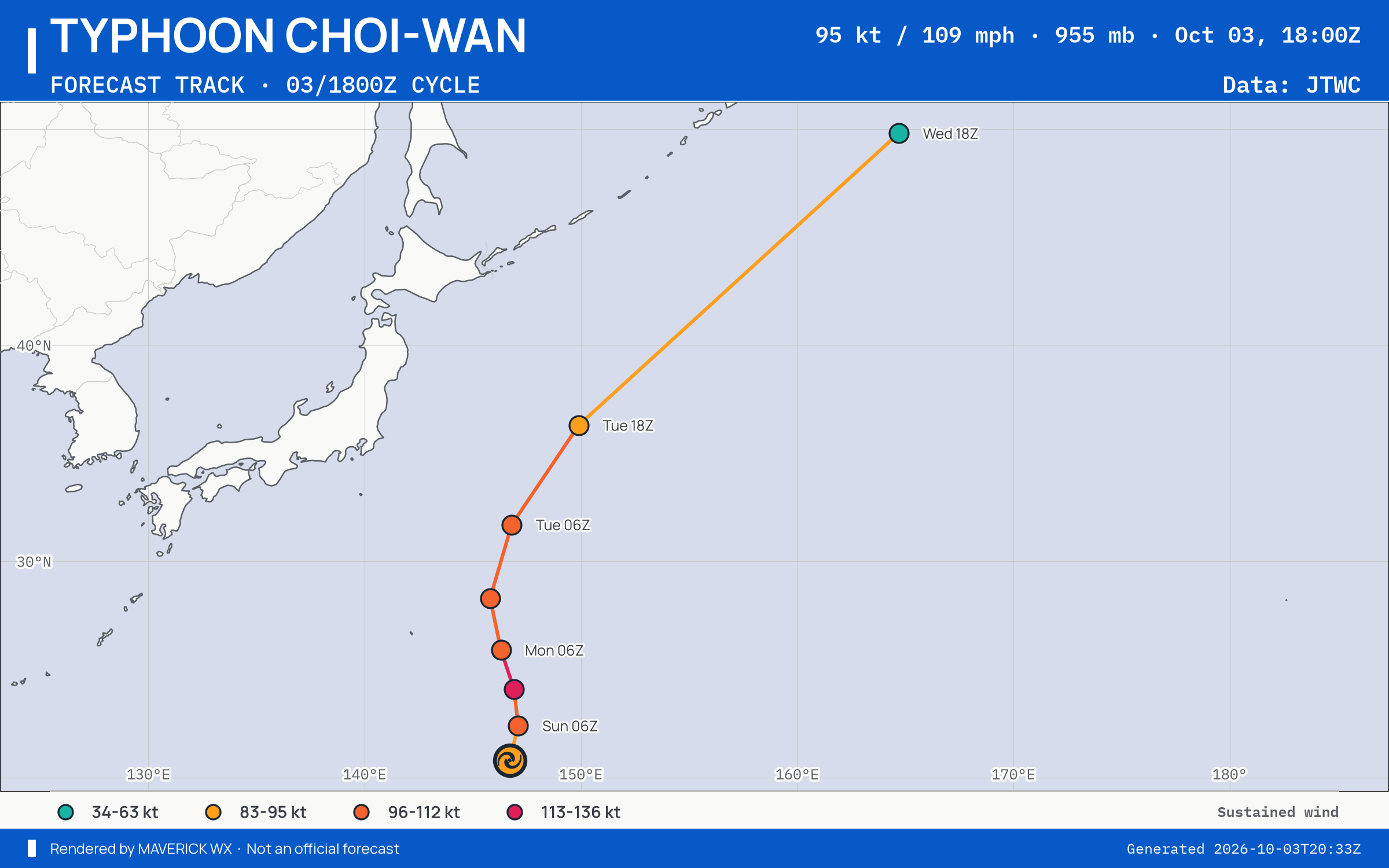 The official forecast track for Typhoon Choi-Wan, JTWC Warning 16