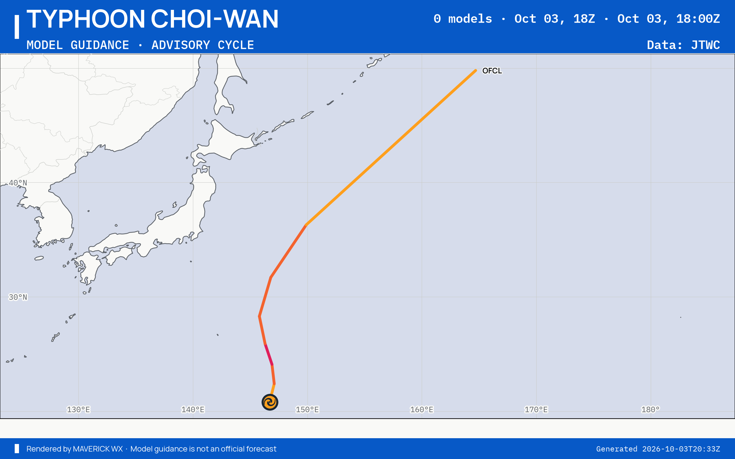 The models’ tracks, which are not a forecast for Typhoon Choi-Wan, JTWC Warning 16