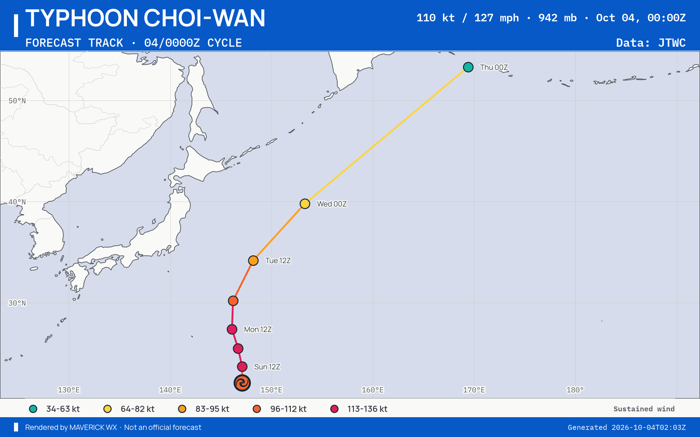 The official forecast track for Typhoon Choi-Wan, JTWC Warning 17