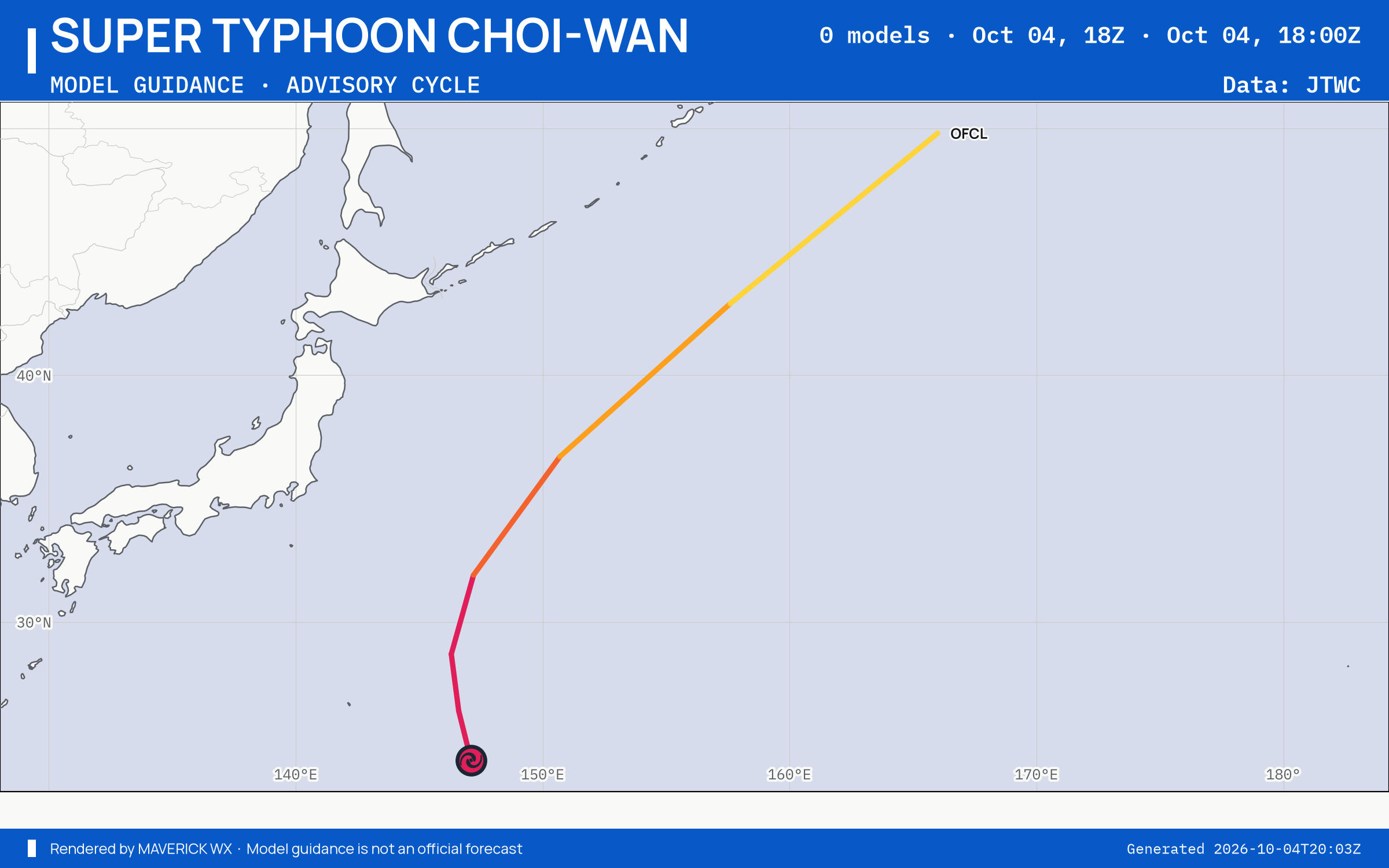 The models’ tracks, which are not a forecast for Super Typhoon Choi-Wan, JTWC Warning 20