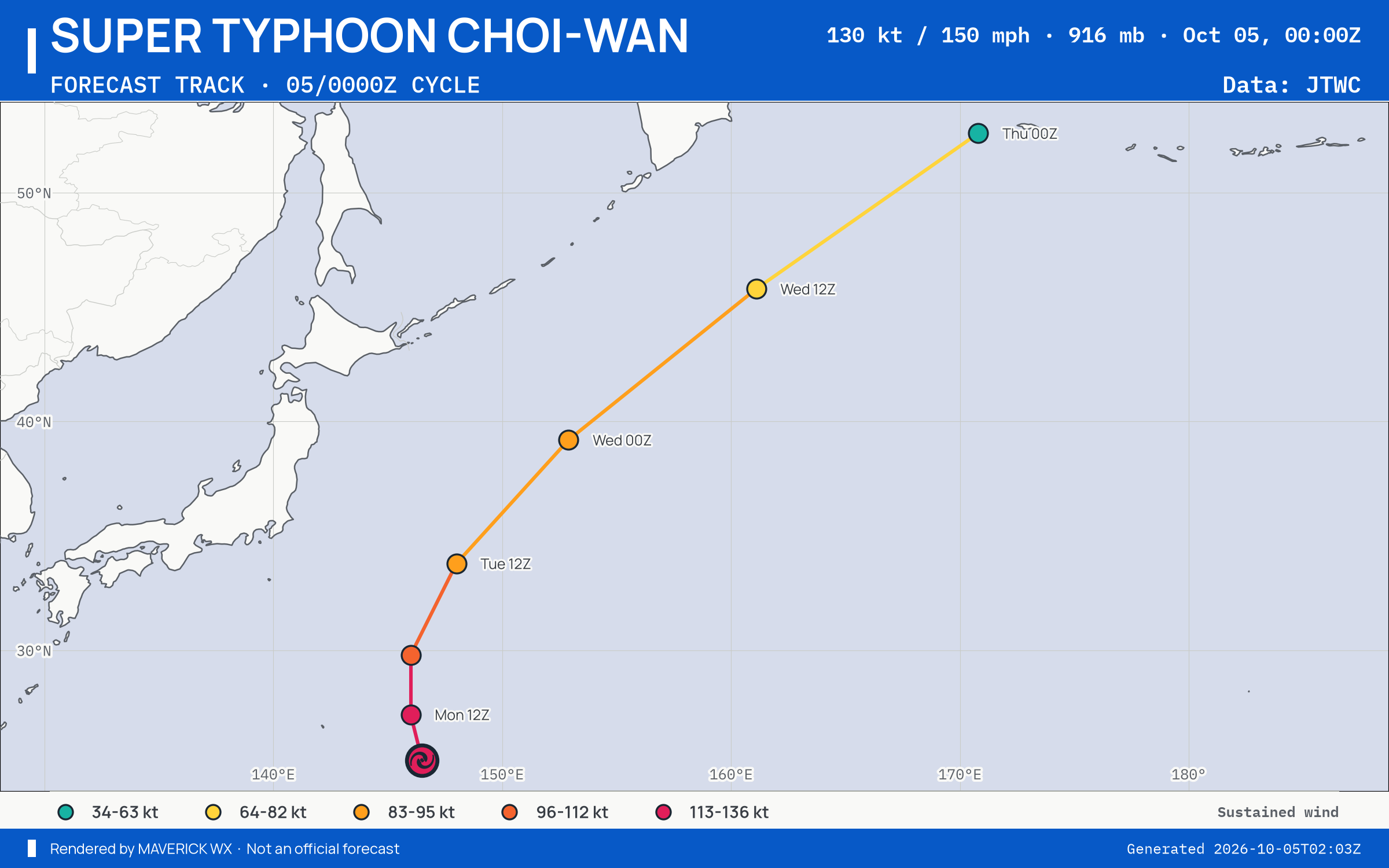 The official forecast track for Super Typhoon Choi-Wan, JTWC Warning 21