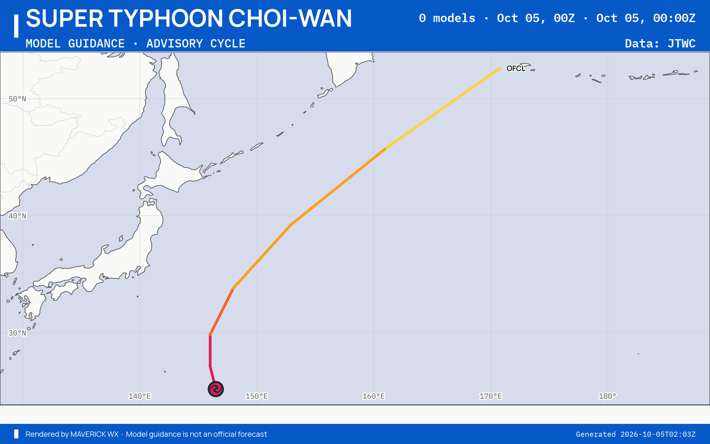The models’ tracks, which are not a forecast for Super Typhoon Choi-Wan, JTWC Warning 21