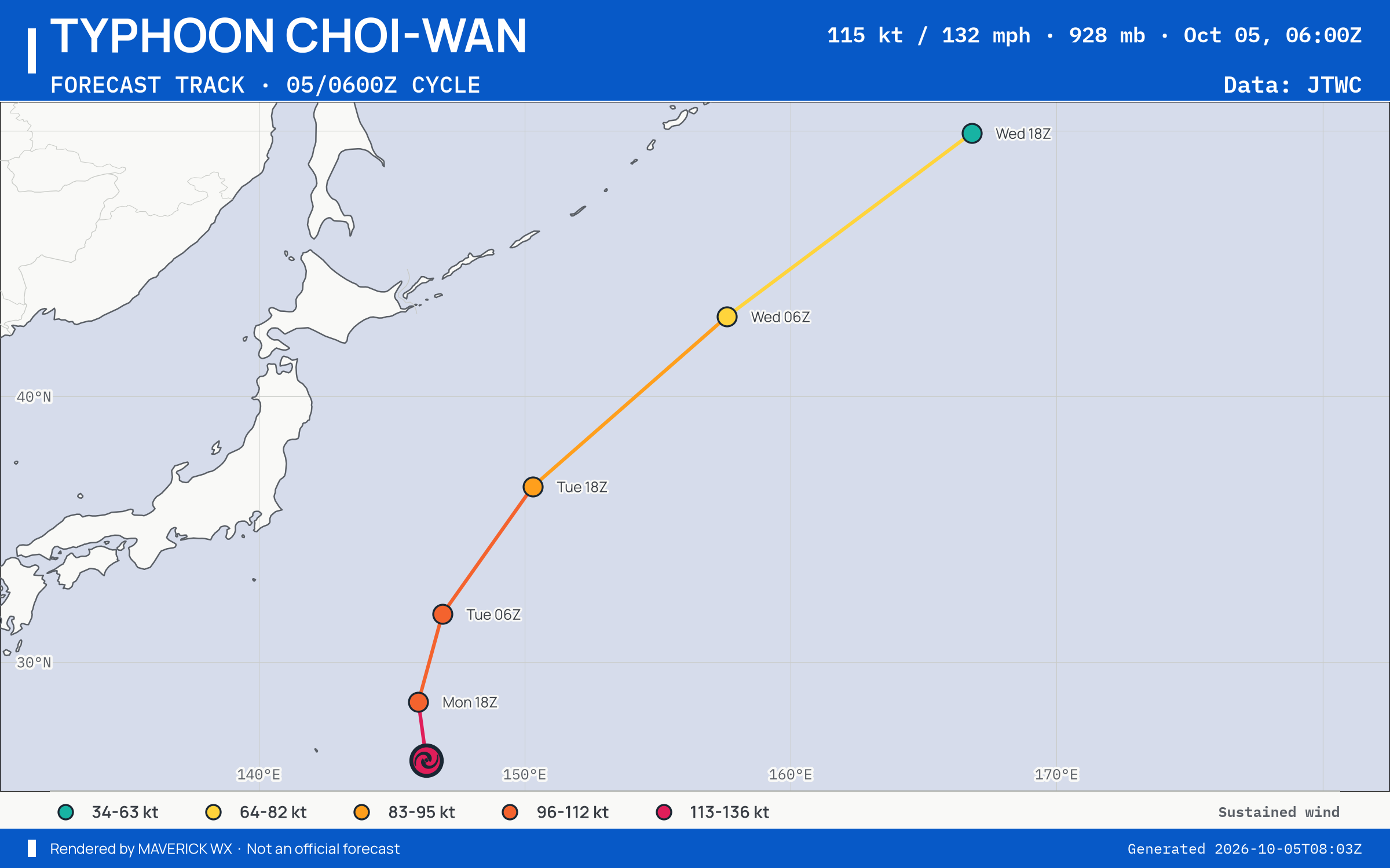 JTWC forecast for Typhoon Choi-Wan, Warning 22; rendered by MaverickWX