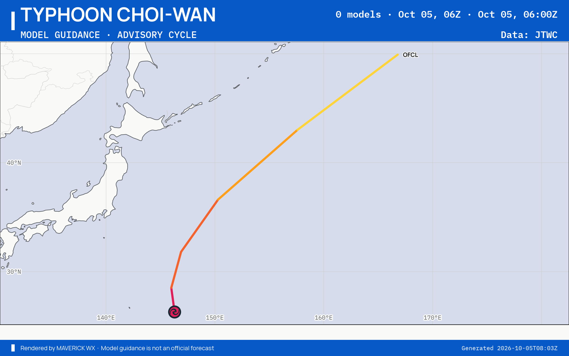 The models’ tracks, which are not a forecast for Typhoon Choi-Wan, JTWC Warning 22