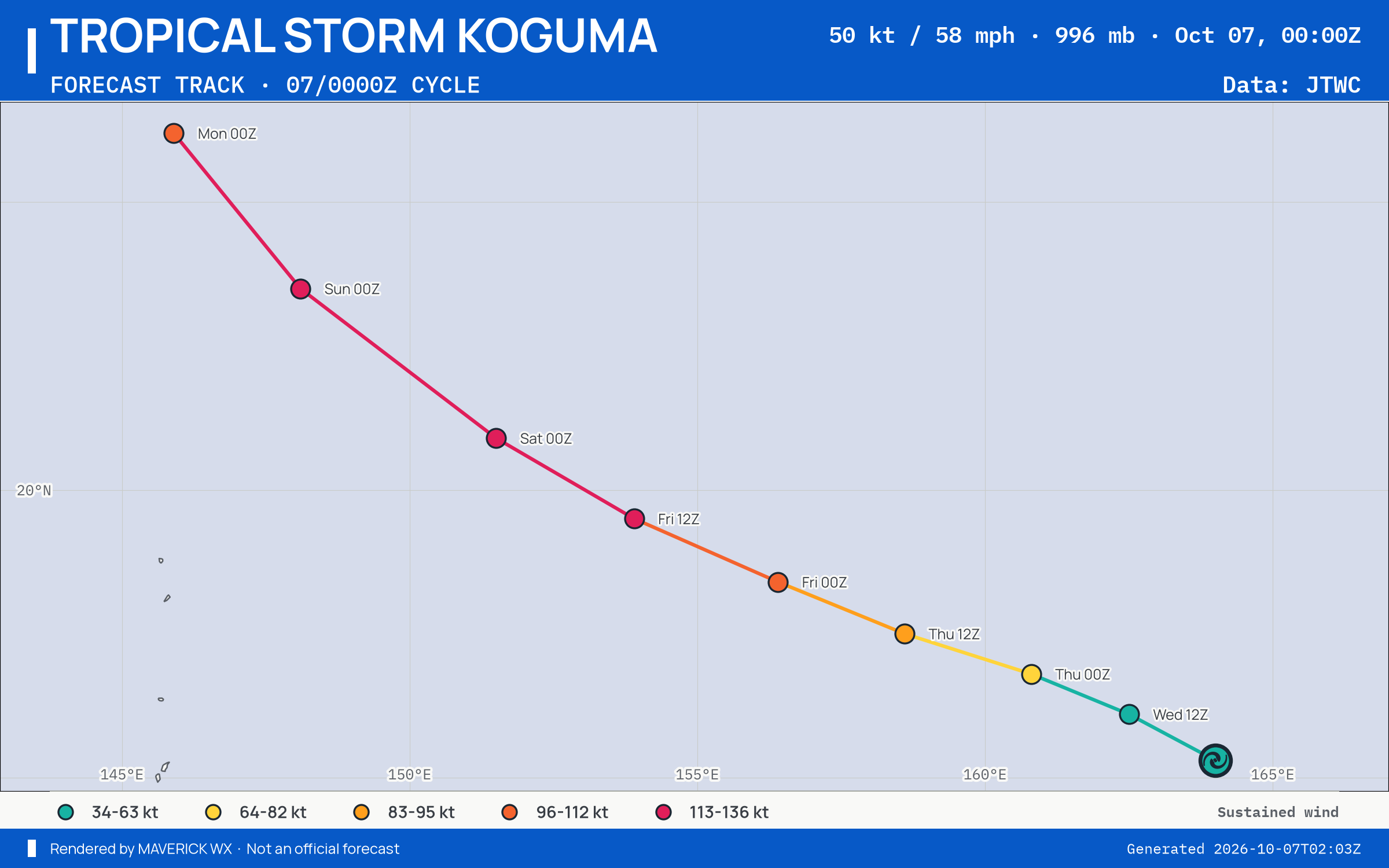 JTWC forecast for Tropical Storm Koguma, Warning 9; rendered by MaverickWX