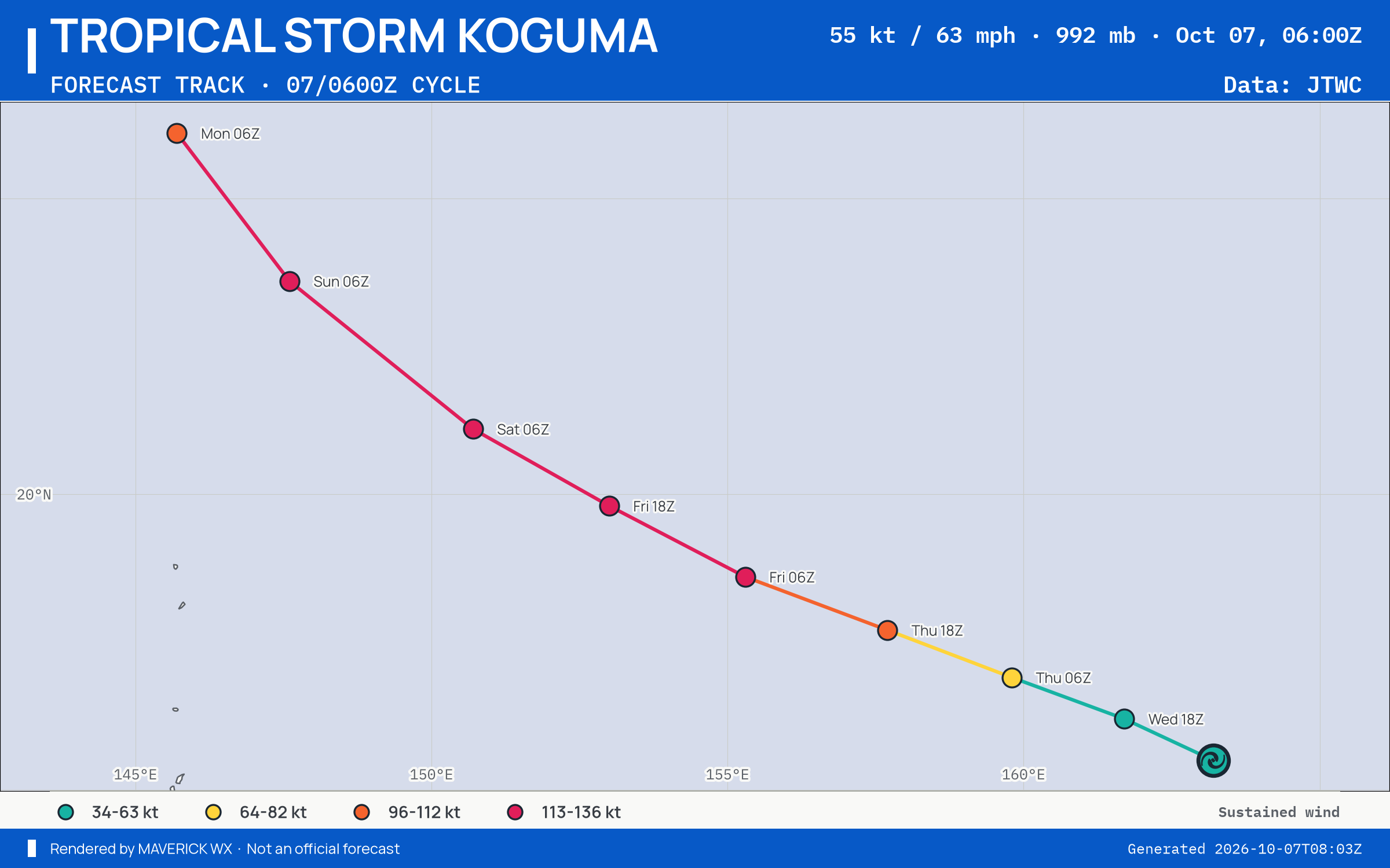 The official forecast track for Tropical Storm Koguma, JTWC Warning 10