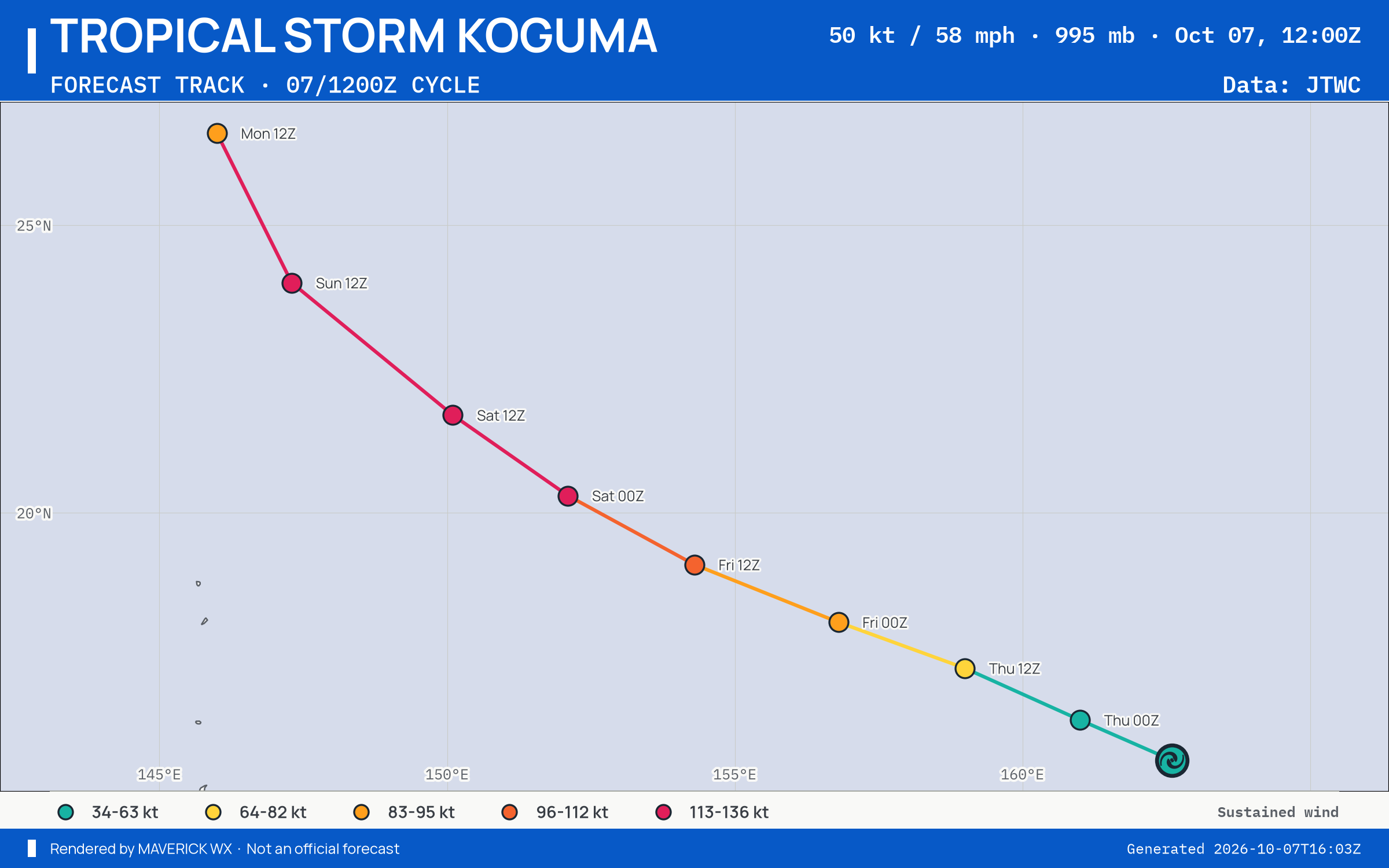 The official forecast track for Tropical Storm Koguma, JTWC Warning 11