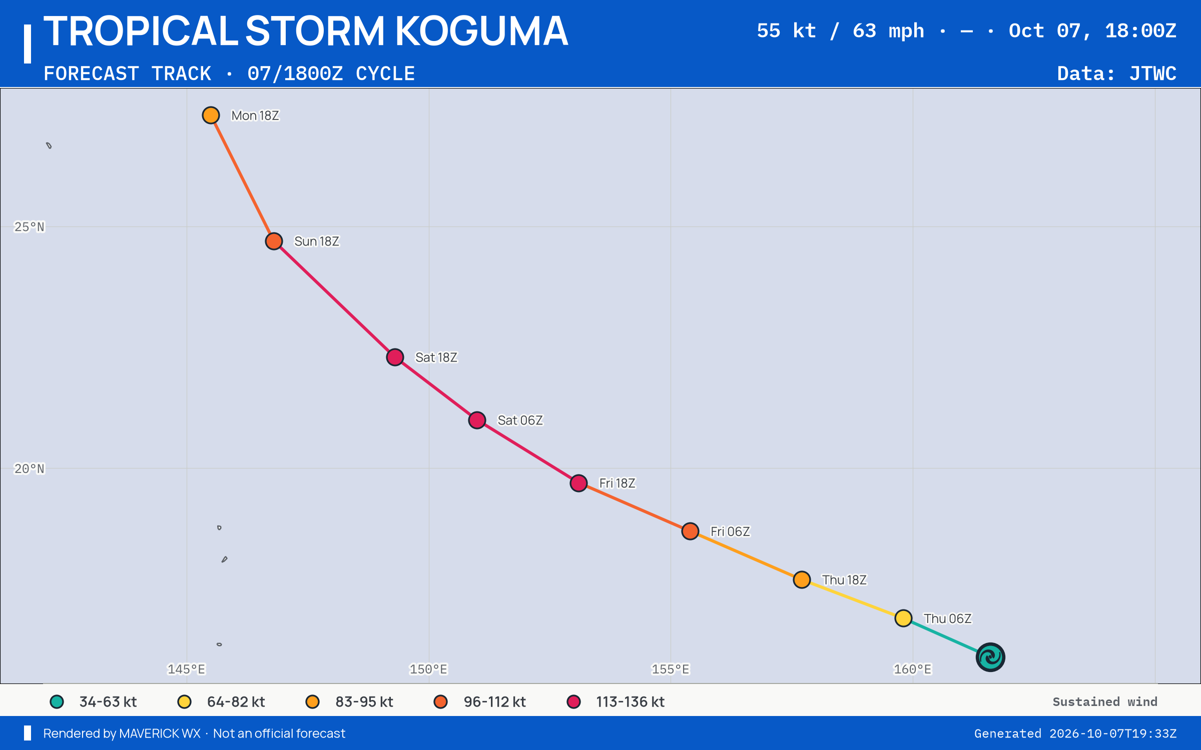 JTWC forecast for Tropical Storm Koguma, Warning 12; rendered by MaverickWX