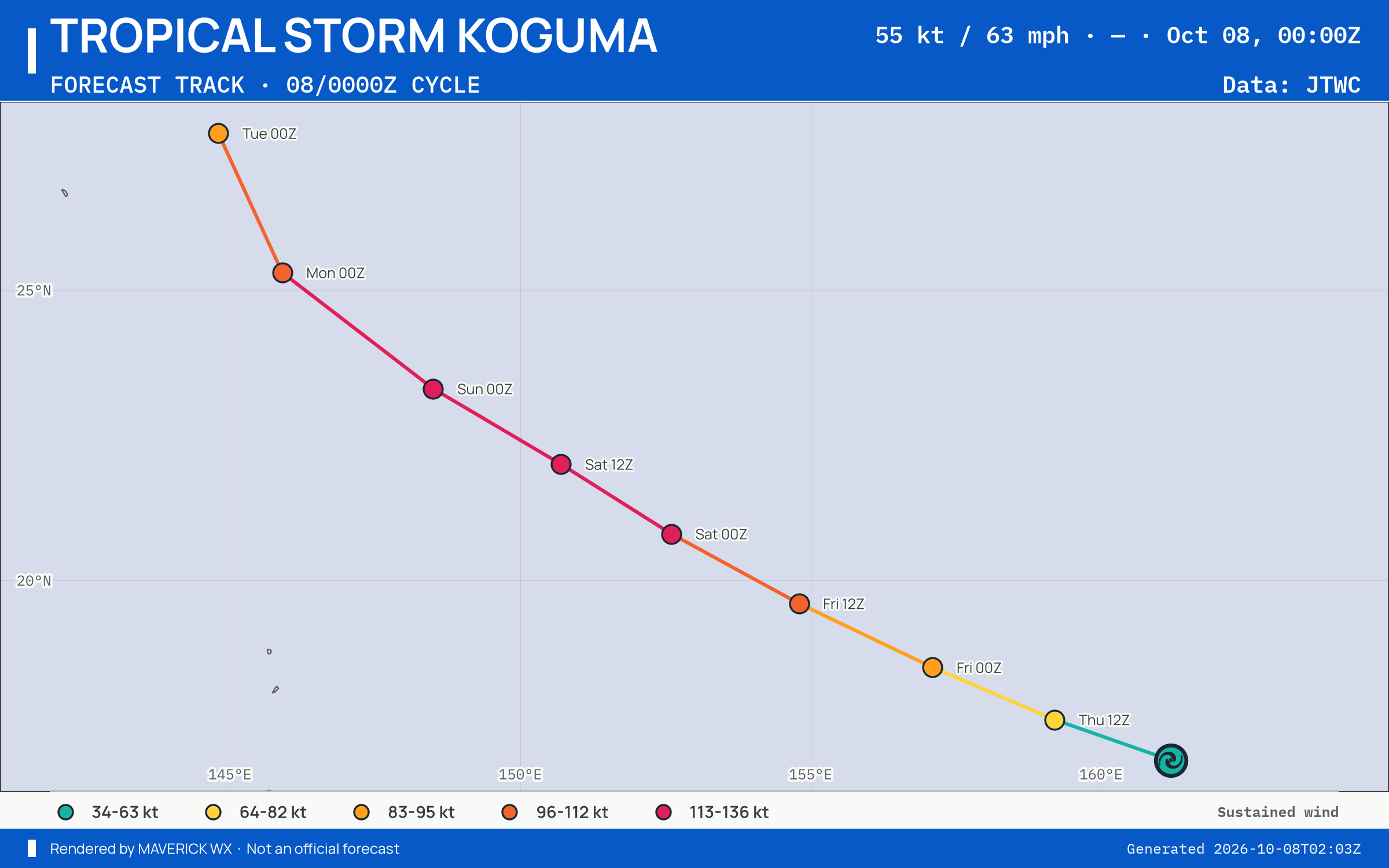 The official forecast track for Tropical Storm Koguma, JTWC Warning 13