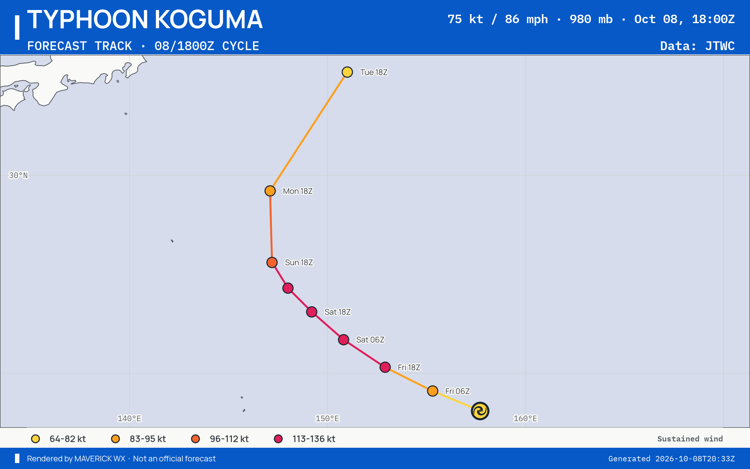 JTWC forecast for Typhoon Koguma, Warning 16; rendered by MaverickWX