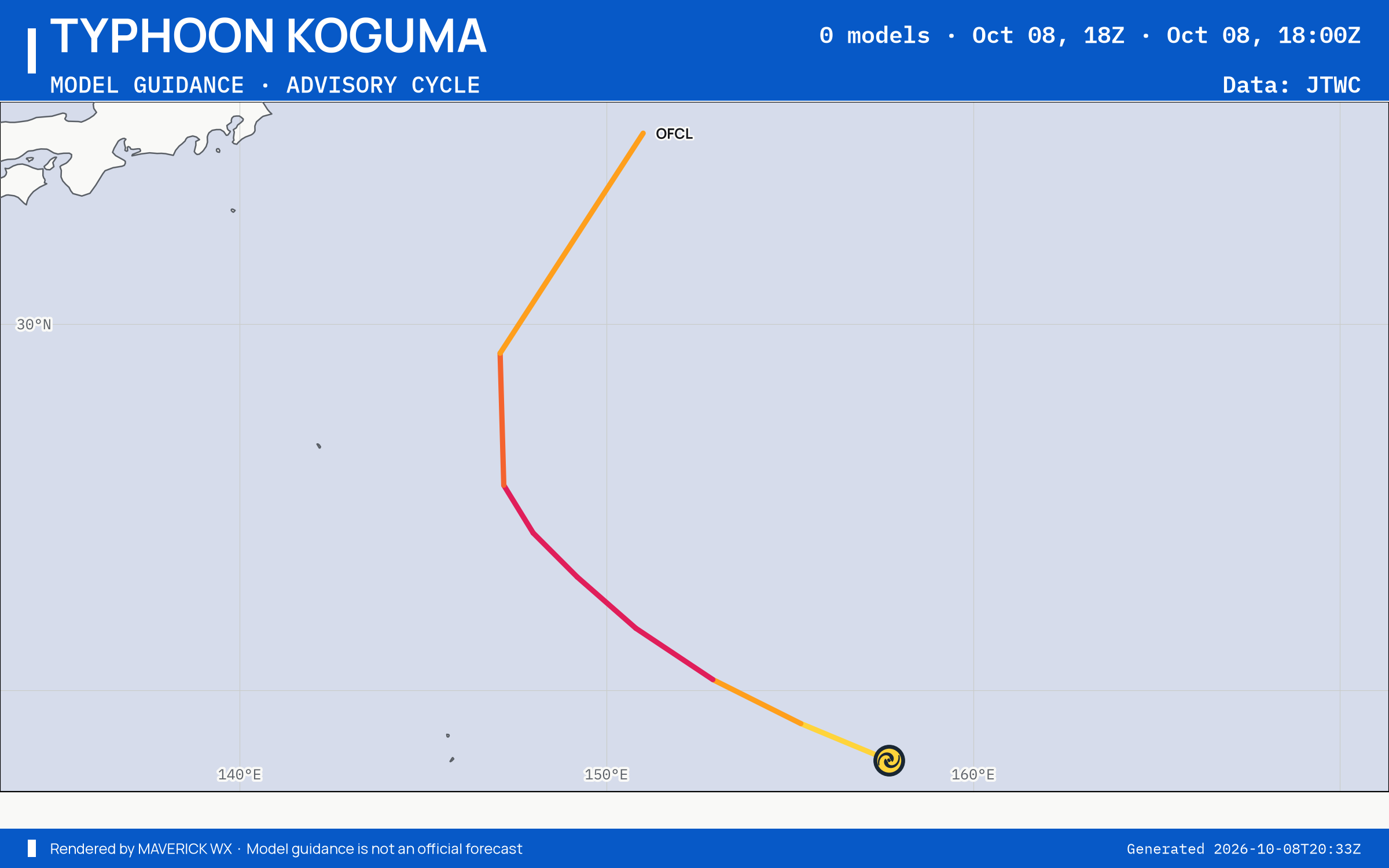 The models’ tracks, which are not a forecast for Typhoon Koguma, JTWC Warning 16