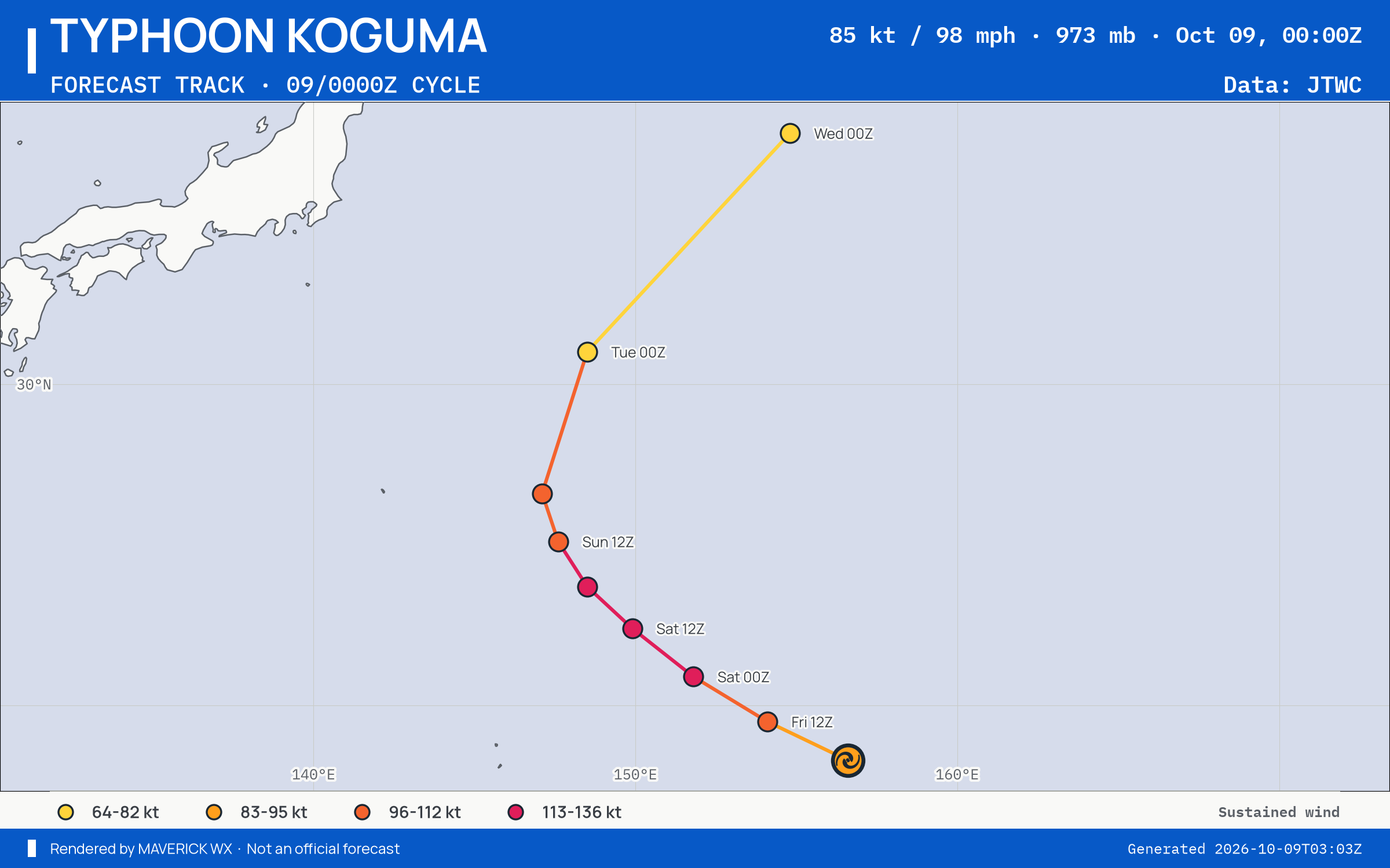 JTWC forecast for Typhoon Koguma, Warning 17; rendered by MaverickWX
