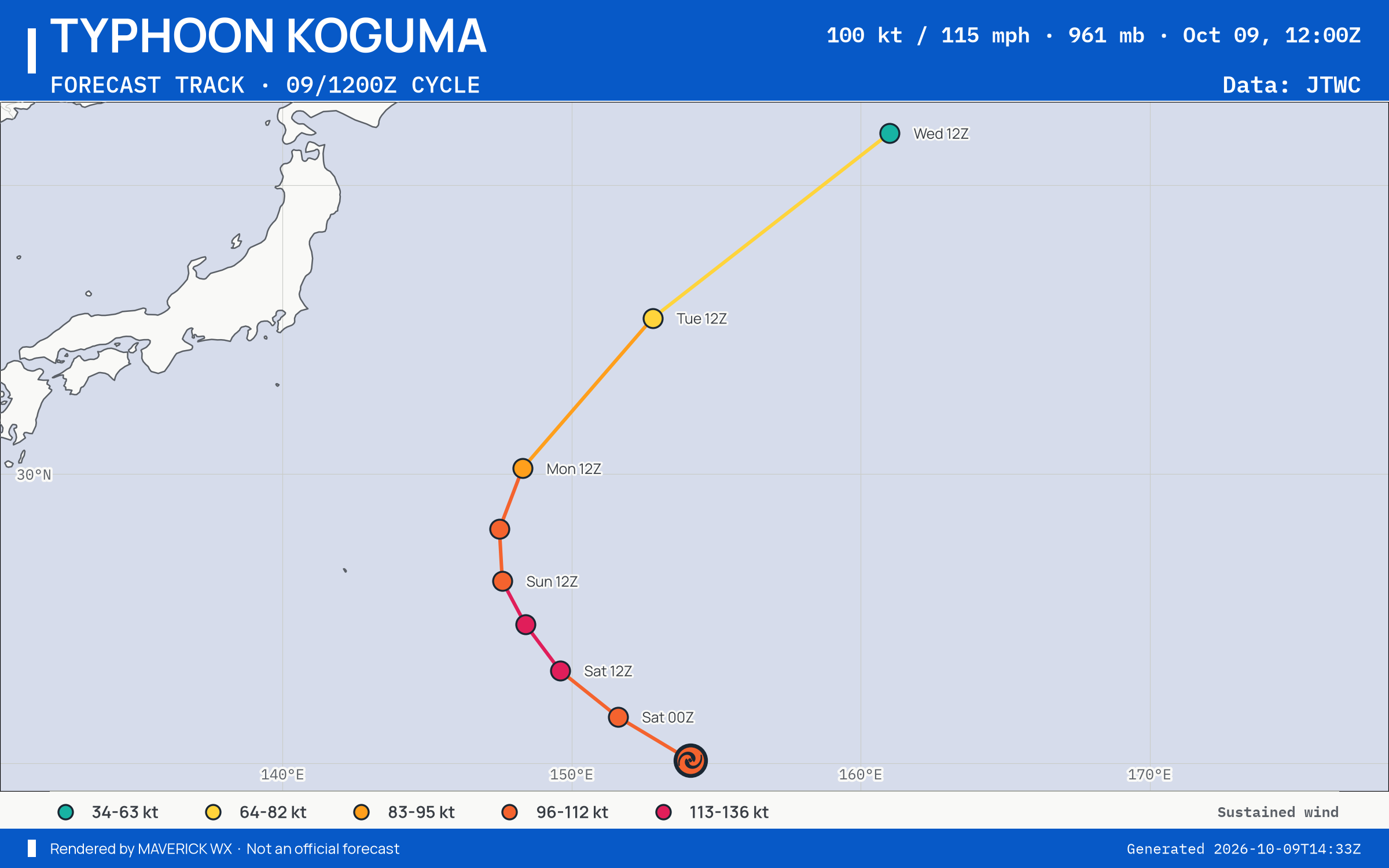 The official forecast track for Typhoon Koguma, JTWC Warning 19