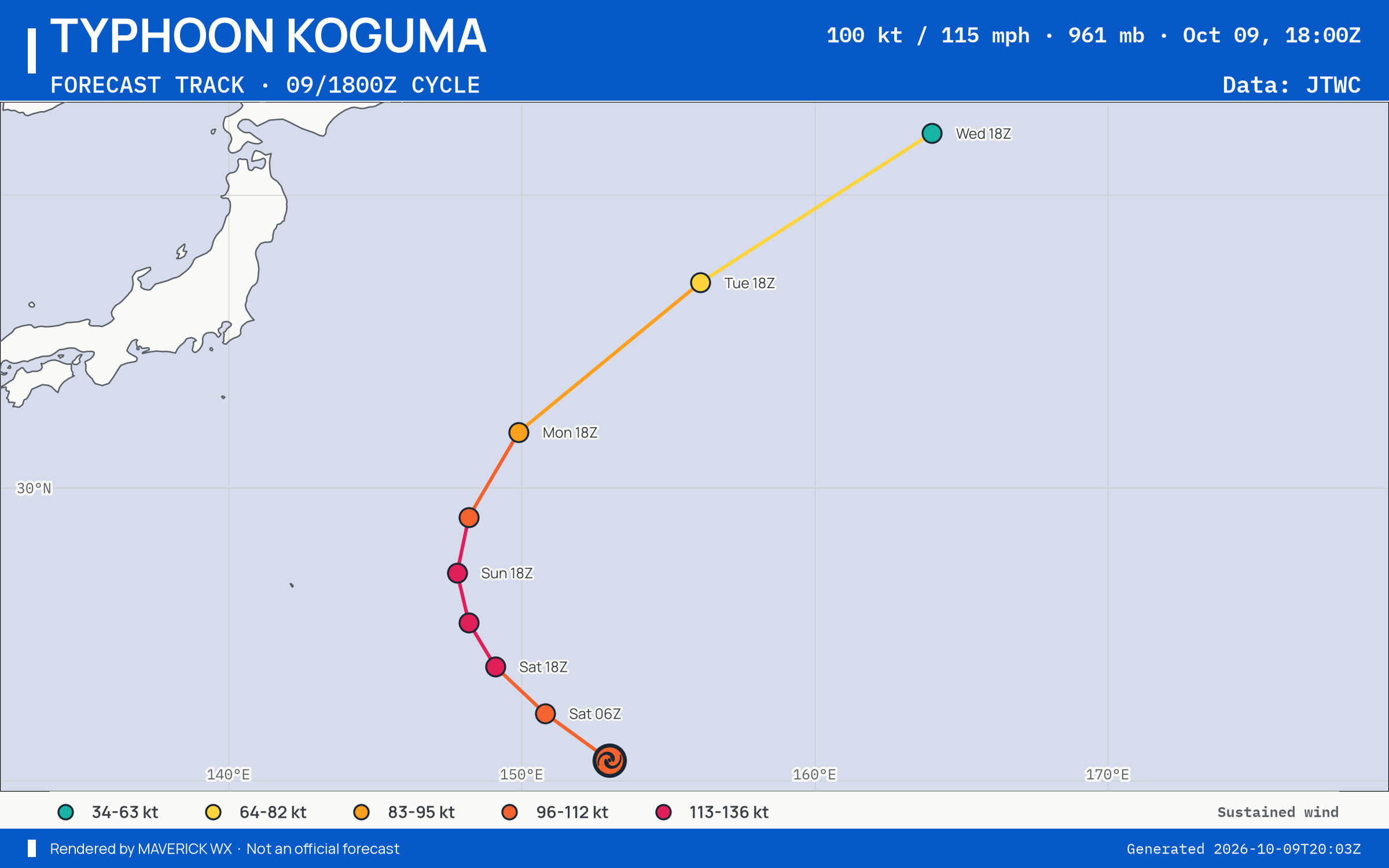 JTWC forecast for Typhoon Koguma, Warning 20; rendered by MaverickWX