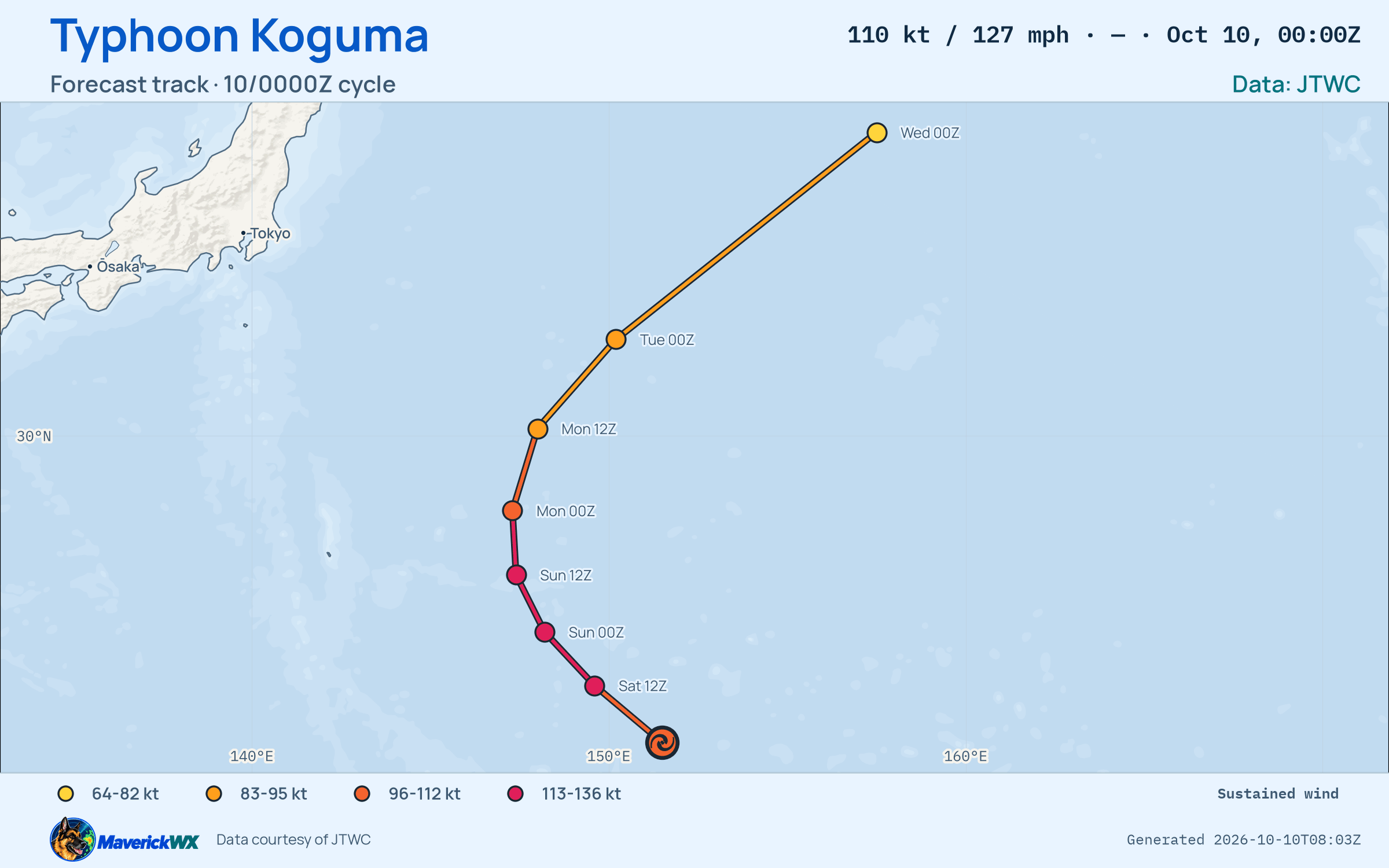 The official forecast track for Typhoon Koguma, JTWC Warning 21