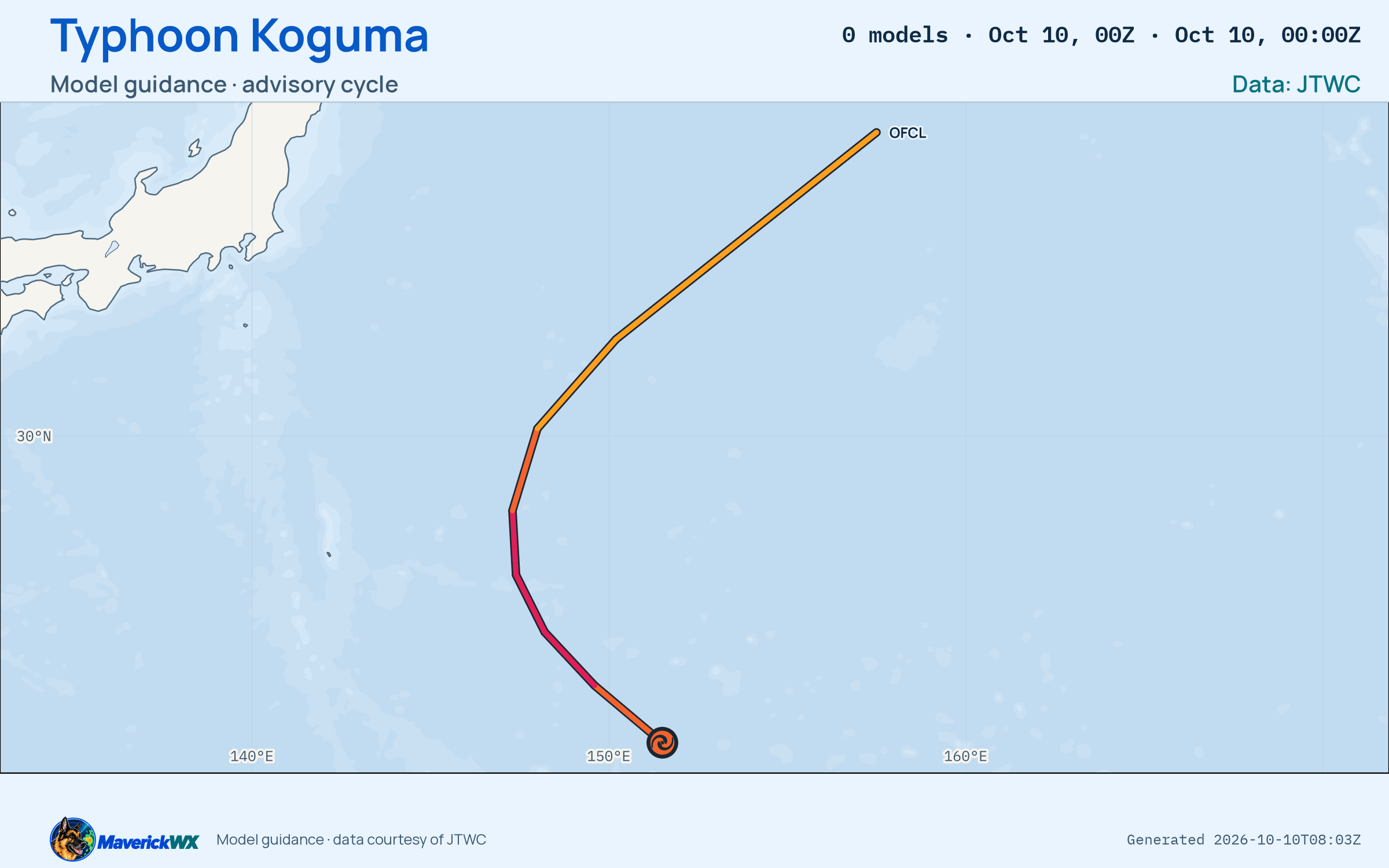 The models’ tracks, which are not a forecast for Typhoon Koguma, JTWC Warning 21
