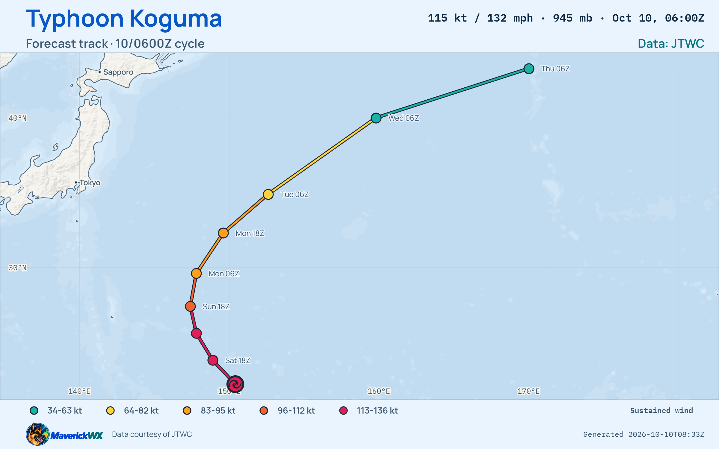 The official forecast track for Typhoon Koguma, JTWC Warning 22