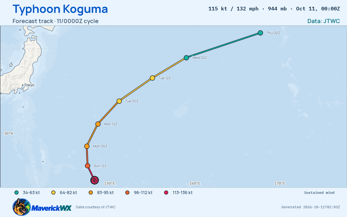 JTWC forecast for Typhoon Koguma, Warning 25; rendered by MaverickWX