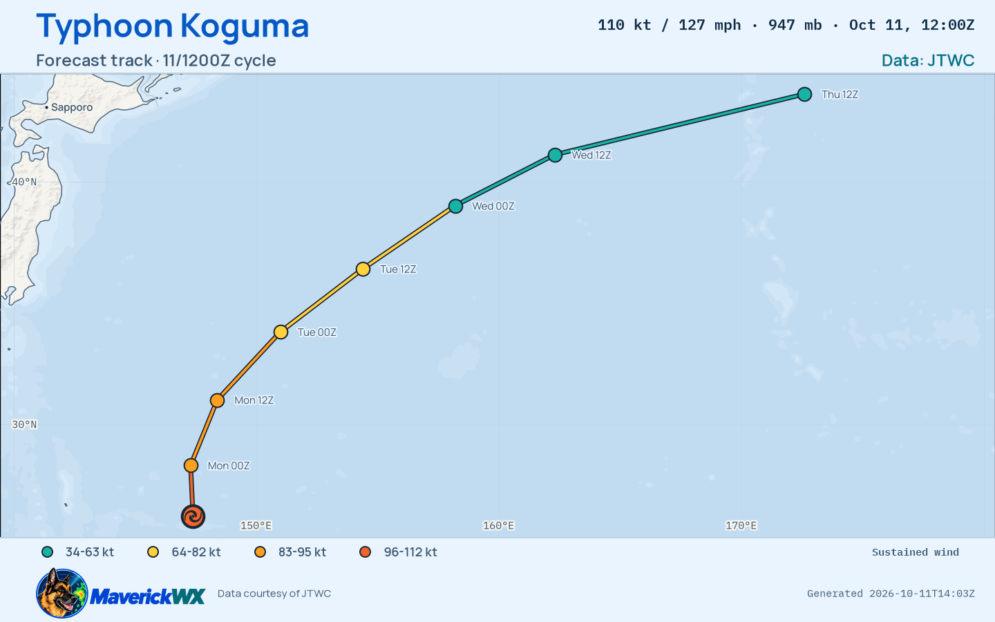JTWC forecast for Typhoon Koguma, Warning 27; rendered by MaverickWX