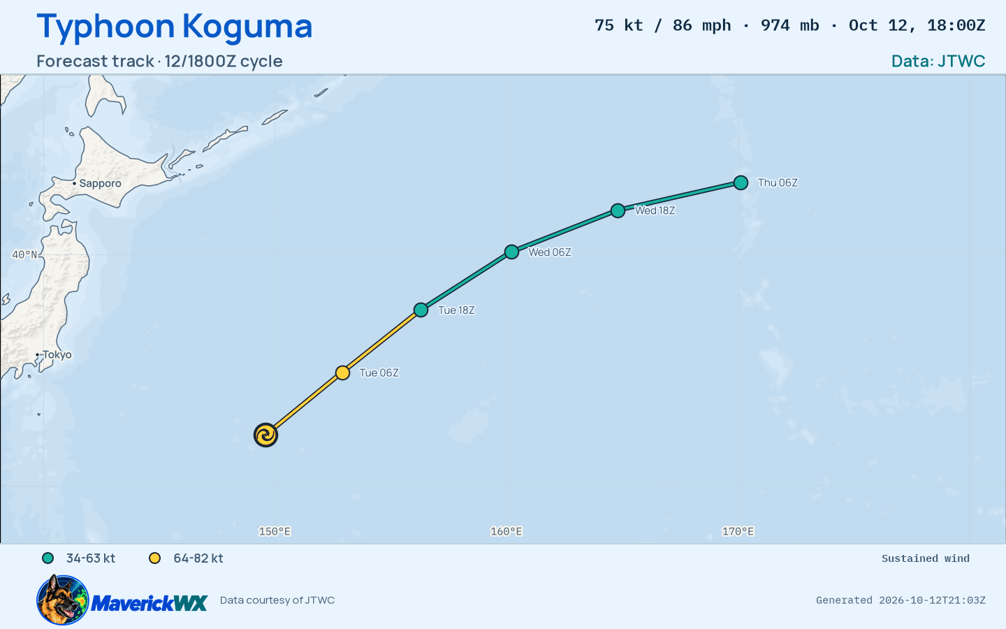 The official forecast track for Typhoon Koguma, JTWC Warning 32