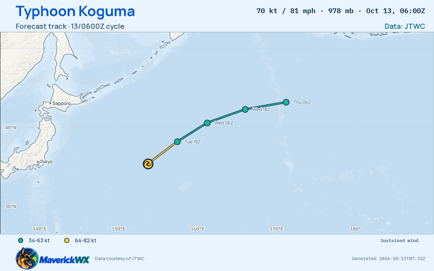 JTWC forecast for Typhoon Koguma, Warning 34; rendered by MaverickWX