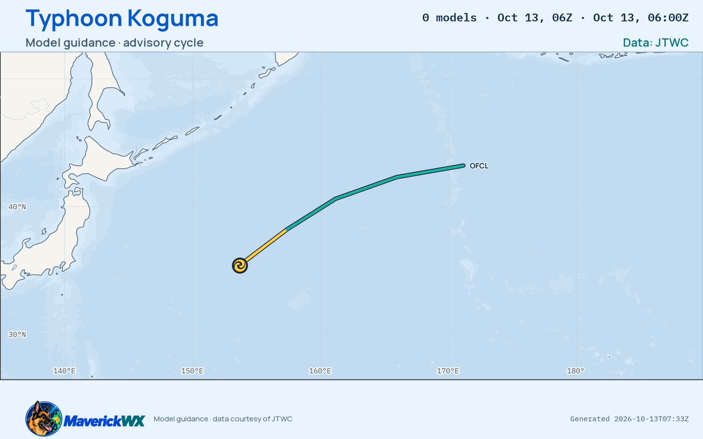 The models’ tracks, which are not a forecast for Typhoon Koguma, JTWC Warning 34