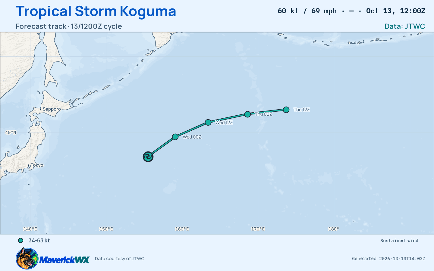 The official forecast track for Tropical Storm Koguma, JTWC Warning 35