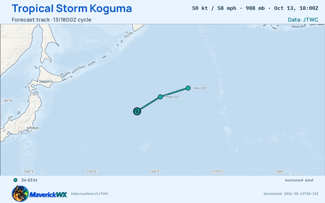The official forecast track for Tropical Storm Koguma, JTWC Warning 36