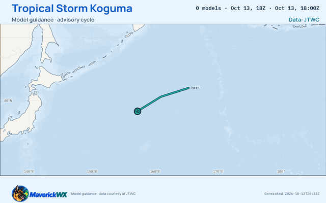 The models’ tracks, which are not a forecast for Tropical Storm Koguma, JTWC Warning 36
